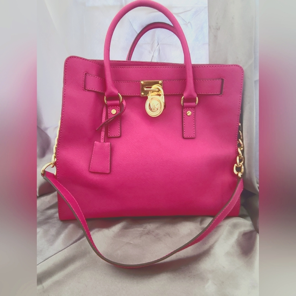 Michael Kors hot pink leather handbag with polished gold chain